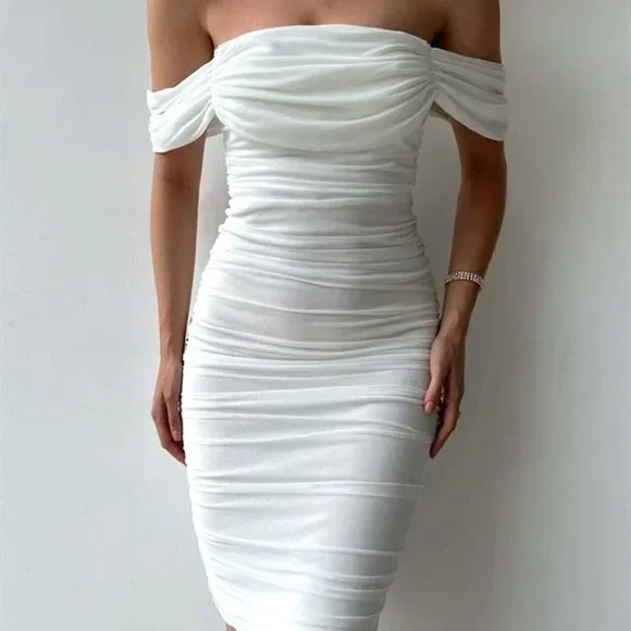 White Bodycon Ruched Stretch Dress - Picture 3 of 12